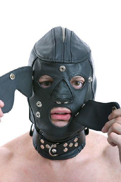 Ledermaske mit Mund- und Augenklappe + Halsband - S o. Penisknebel