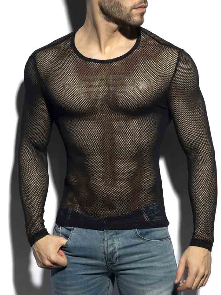 ES COLLECTION Mesh Langarm T-Shirt schwarz