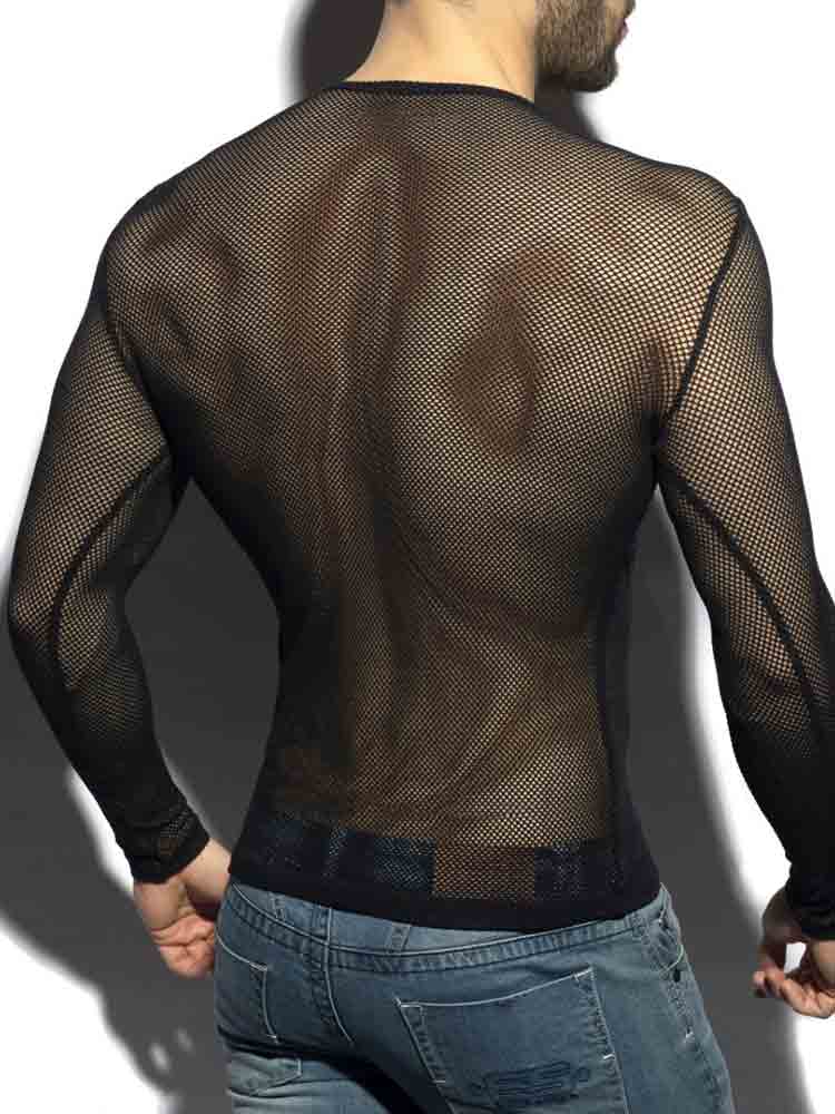 ES COLLECTION Mesh Langarm T-Shirt schwarz