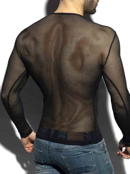 ES COLLECTION Mesh Langarm T-Shirt schwarz