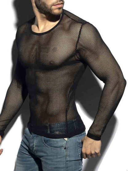 ES COLLECTION Mesh Langarm T-Shirt schwarz