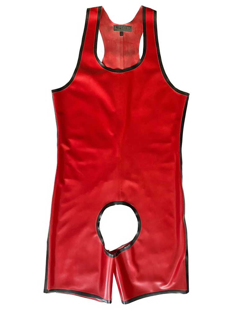 SPEXTER Rubber Trägeranzug offen rot - schwarz