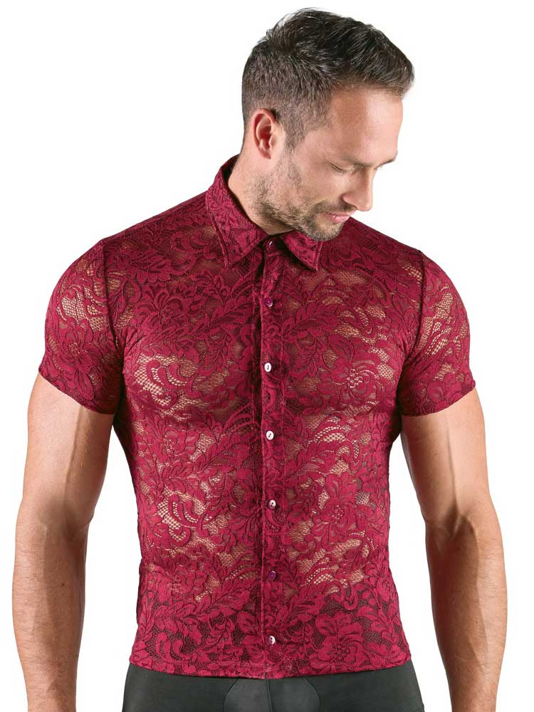 Hemd Kurzarm Spitzen-Look dunkelrot
