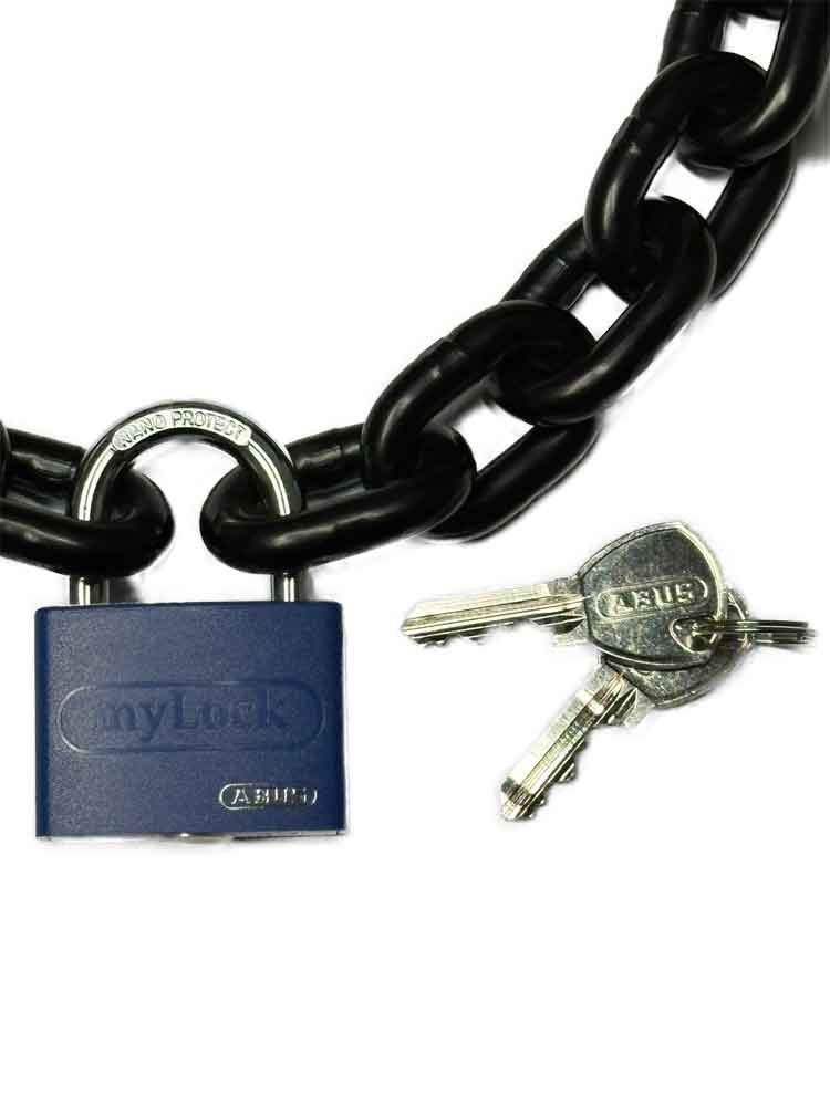Stahlkette 8mm schwarz mit ABUS-Schloss blau