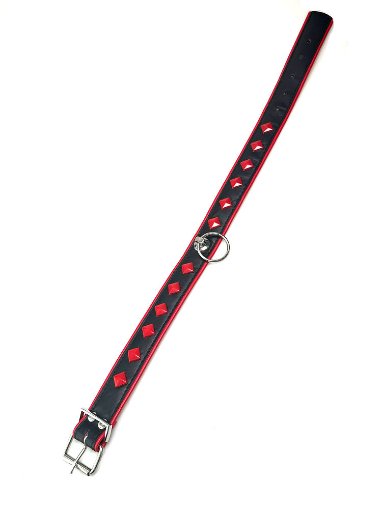 Leder-Halsband rote Nieten und O-Ring schwarz-rot