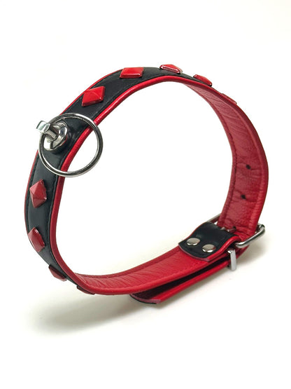 Leder-Halsband rote Nieten und O-Ring schwarz-rot