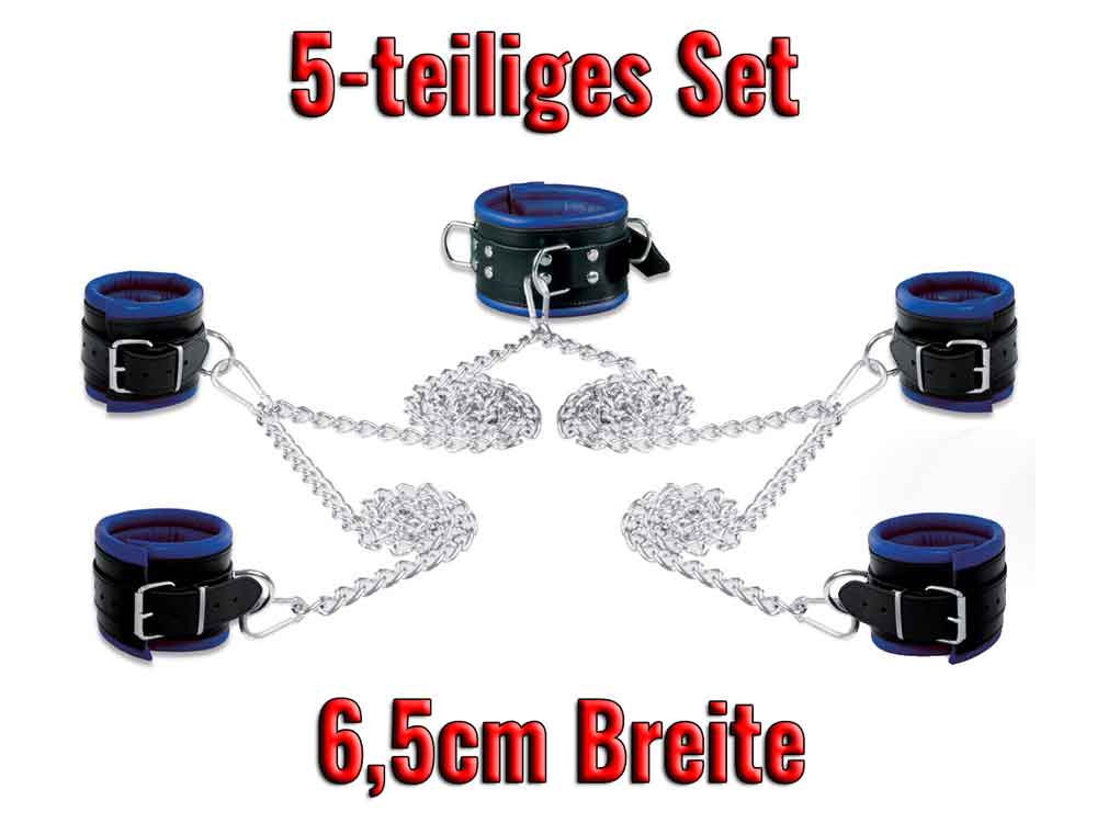 Leder-Bondageset Hals-Hand-Fussfessel - 6,5cm blau