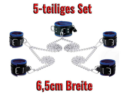 Leder-Bondageset Hals-Hand-Fussfessel - 6,5cm blau