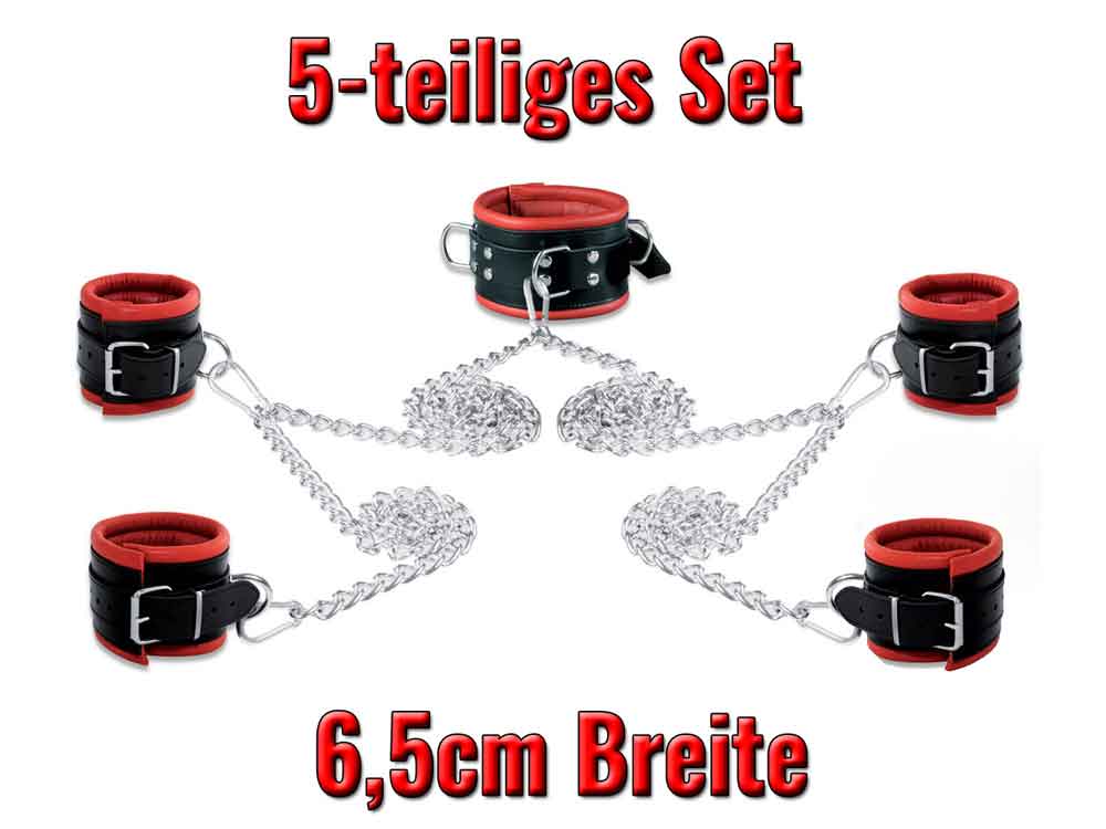Leder-Bondageset Hals-Hand-Fussfessel - 6,5cm rot