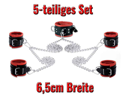 Leder-Bondageset Hals-Hand-Fussfessel - 6,5cm rot