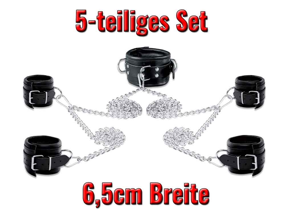 Leder-Bondageset Hals-Hand-Fussfessel - 6,5cm schwarz