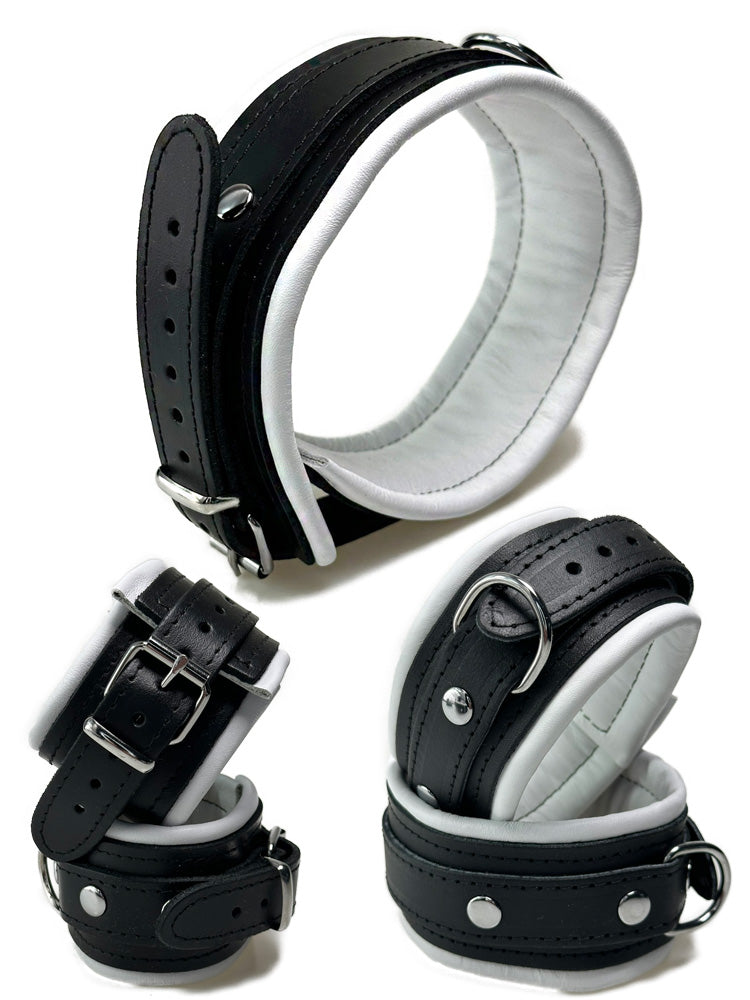 Leder-Bondageset schwarzer Riemen, weiß gepolstert 5cm