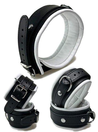 Leder-Bondageset schwarzer Riemen, weiß gepolstert 5cm