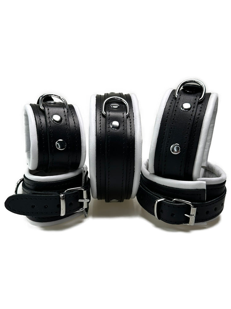 Leder-Bondageset schwarzer Riemen, weiß gepolstert 5cm