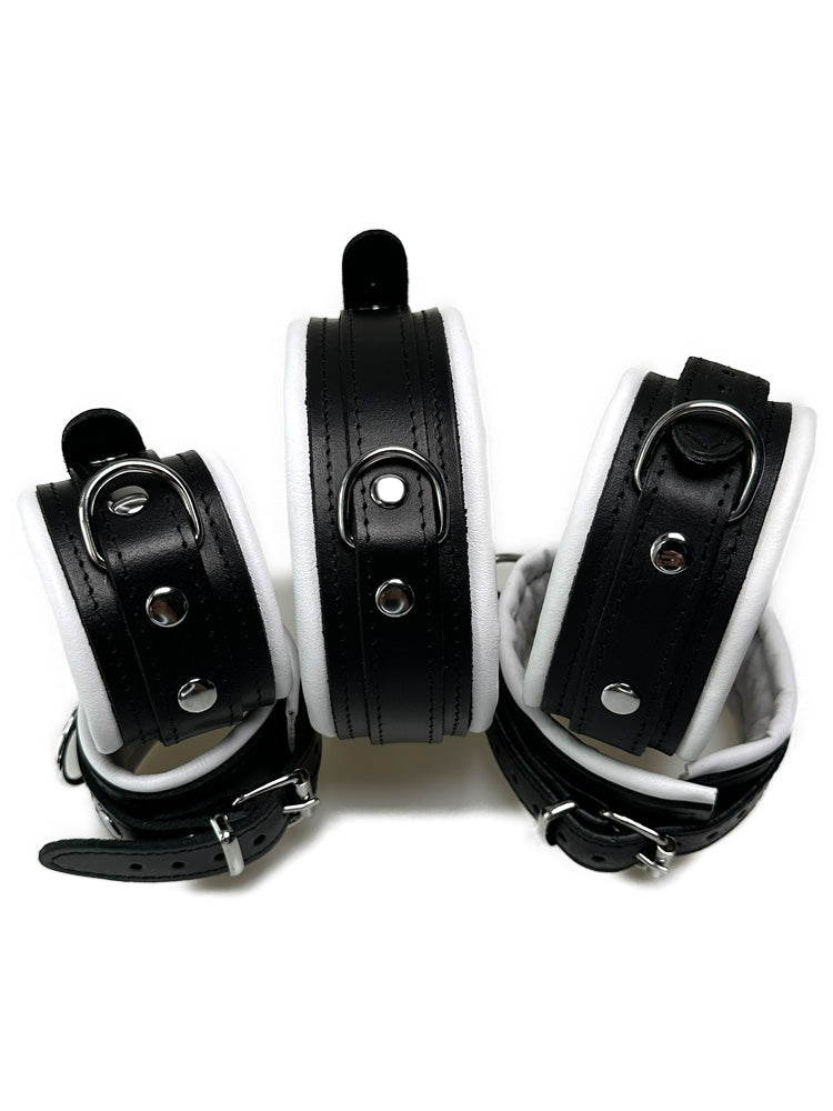 Leder-Bondageset schwarzer Riemen, weiß gepolstert 5cm