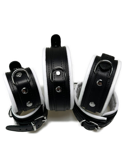 Leder-Bondageset schwarzer Riemen, weiß gepolstert 5cm