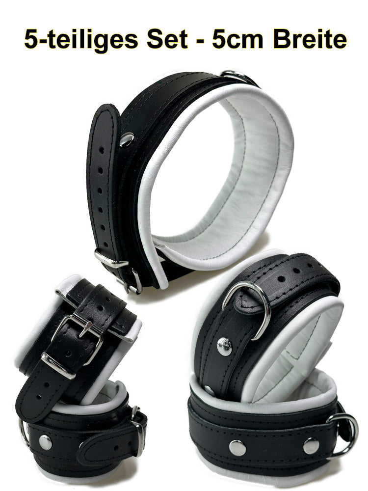 Leder-Bondageset schwarzer Riemen, weiß gepolstert 5cm