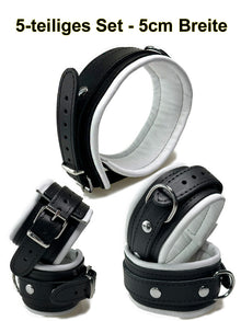 Leder-Bondageset schwarzer Riemen, weiß gepolstert 5cm