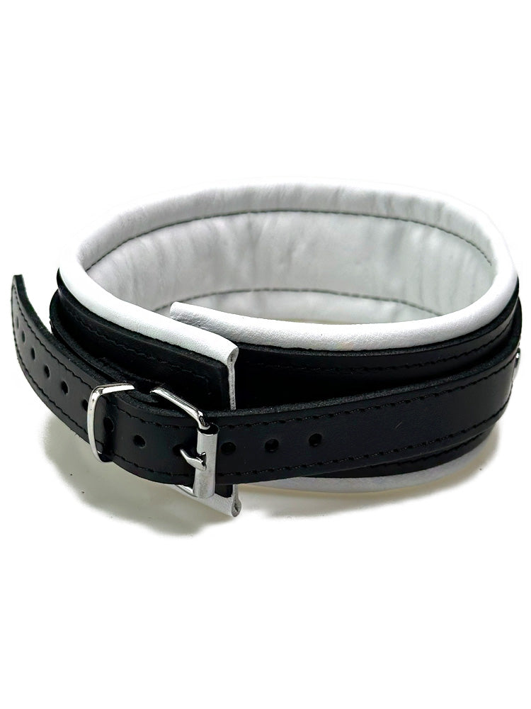 Leder-Halsband, schwarzer Riemen, weiß gepolstert 5cm