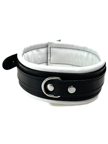 Leder-Halsband, schwarzer Riemen, weiß gepolstert 5cm