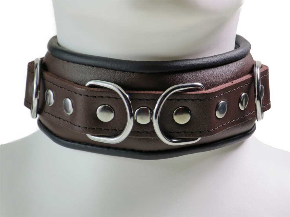 Leder-Halsband gepolstert schwarzbraun - 4 D-Ringe 6cm