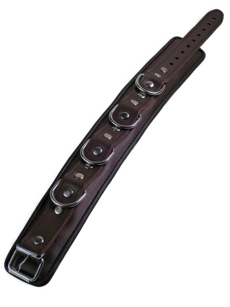 Leder-Halsband gepolstert schwarzbraun - 4 D-Ringe 6cm