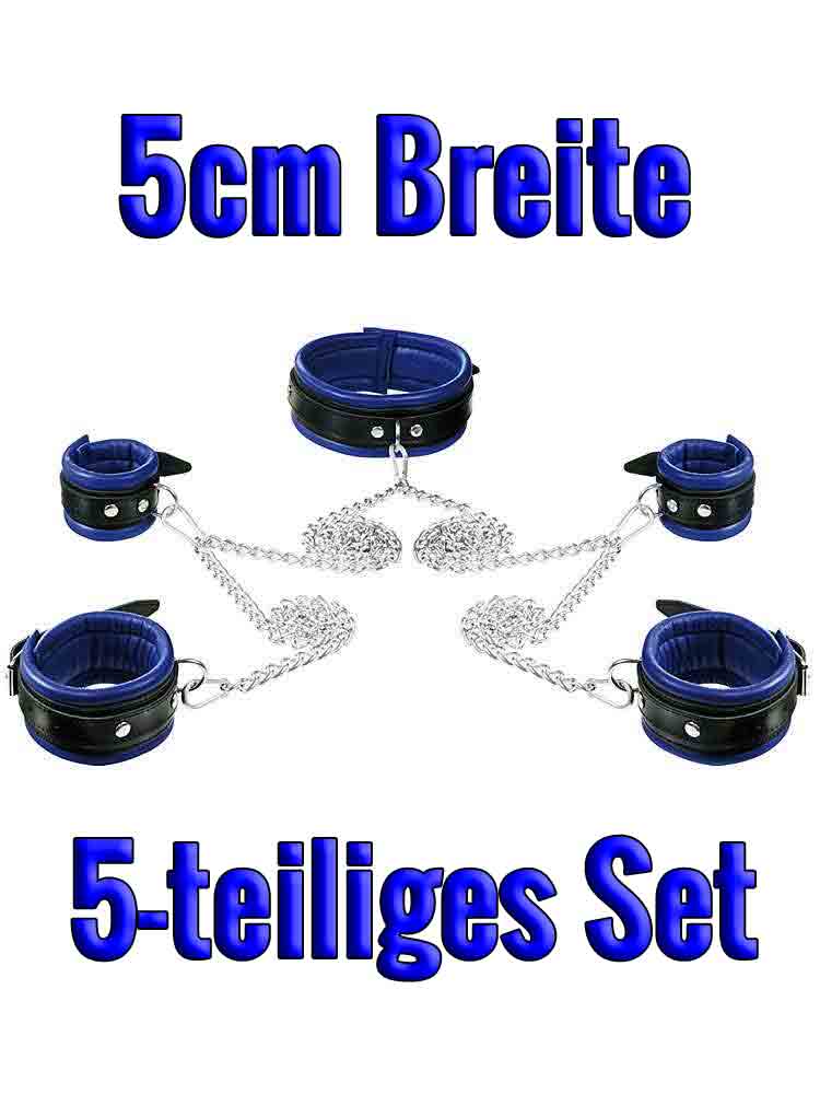 Leder-Bondageset Hals-Hand-Fussfessel - 5cm blau