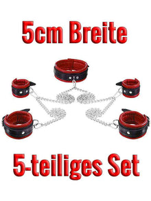 Leder-Bondageset Hals-Hand-Fussfessel - 5,0cm rot