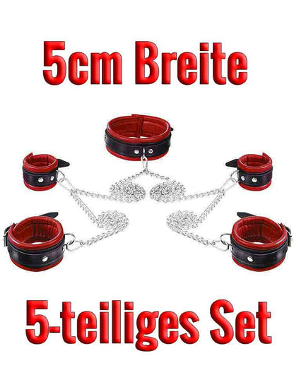 Leder-Bondageset Hals-Hand-Fussfessel - 5,0cm rot