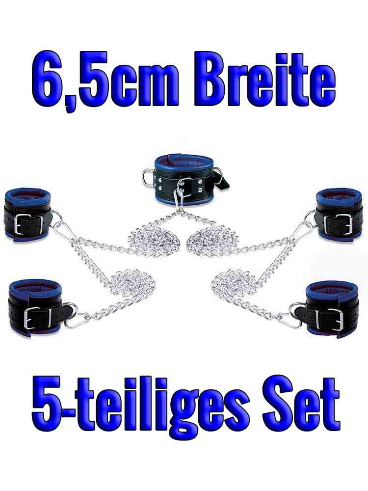 Leder-Bondageset Hals-Hand-Fussfessel - 6,5cm blau