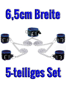 Leder-Bondageset Hals-Hand-Fussfessel - 6,5cm blau