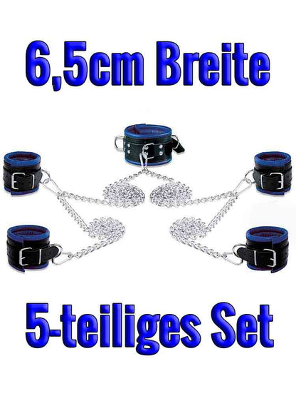 Leder-Bondageset Hals-Hand-Fussfessel - 6,5cm blau