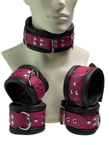 Leder-Bondageset Hals-Hand-Fussfessel - 6,5cm fuchsia-pink