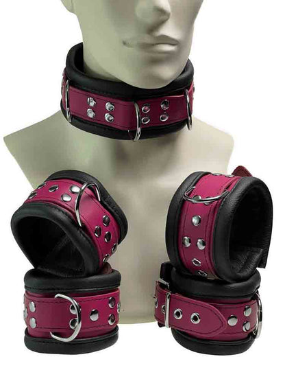 Leder-Bondageset Hals-Hand-Fussfessel - 6,5cm fuchsia-pink