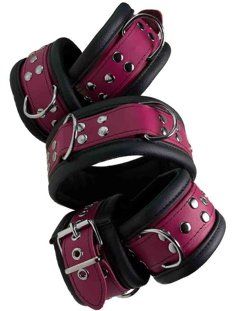 Leder-Bondageset Hals-Hand-Fussfessel - 6,5cm fuchsia-pink
