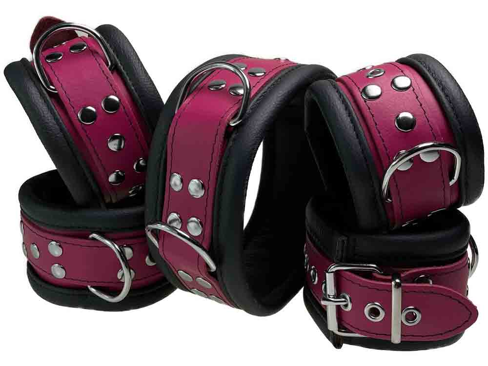 Leder-Bondageset Hals-Hand-Fussfessel - 6,5cm fuchsia-pink