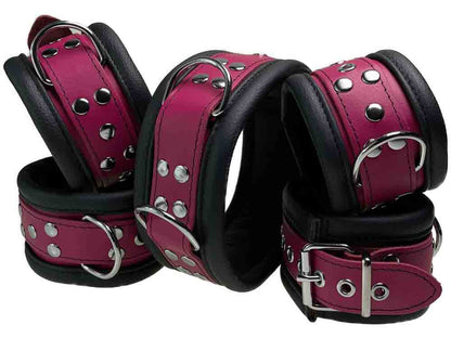 Leder-Bondageset Hals-Hand-Fussfessel - 6,5cm fuchsia-pink