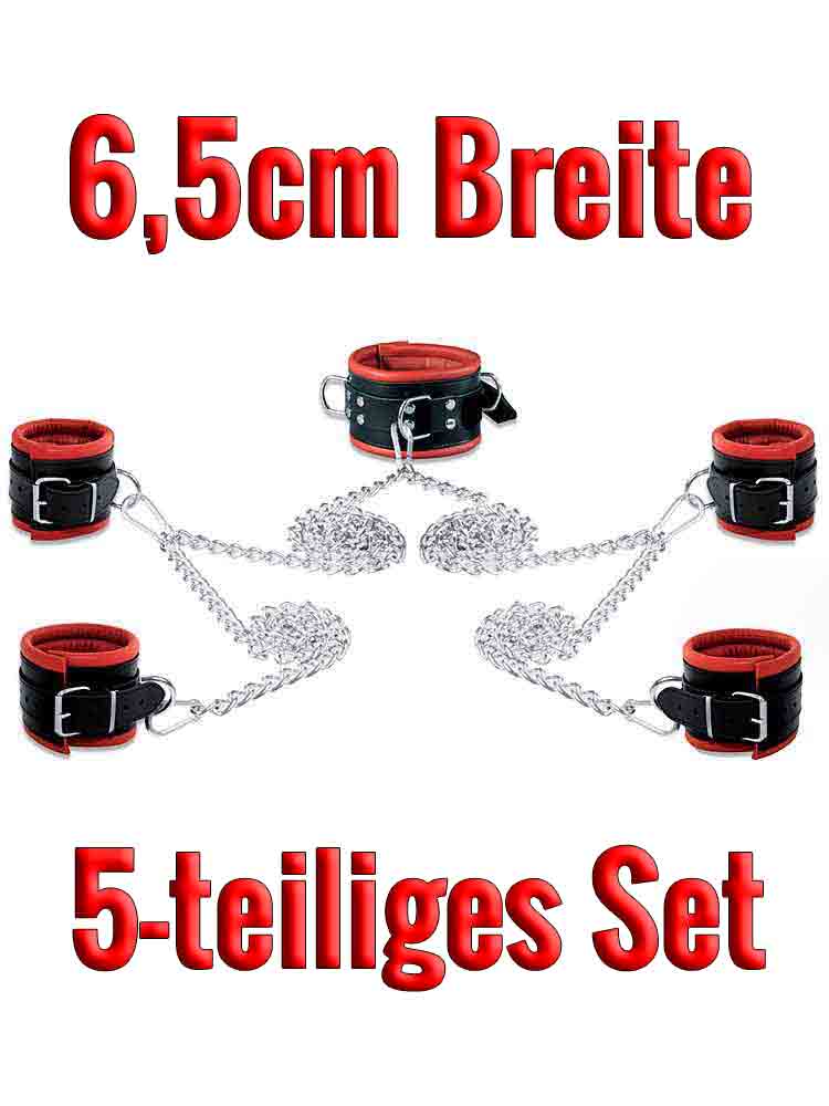 Leder-Bondageset Hals-Hand-Fussfessel - 6,5cm rot