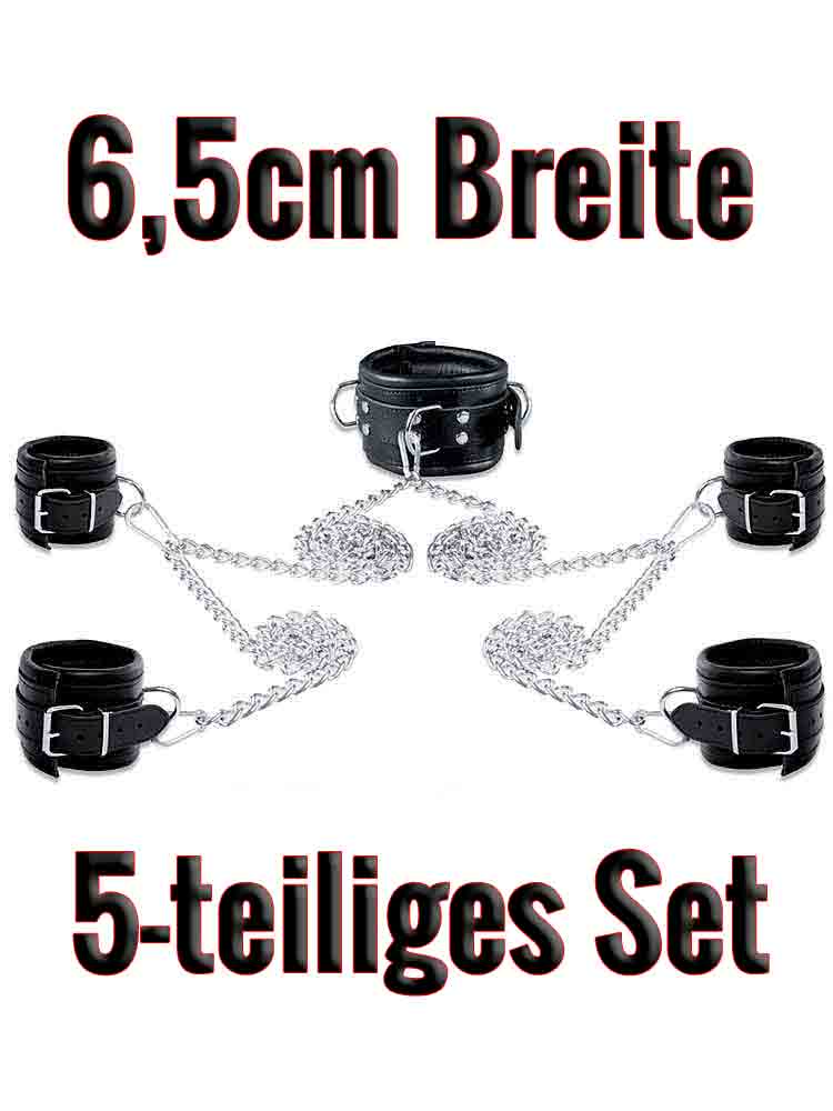 Leder-Bondageset Hals-Hand-Fussfessel - 6,5cm schwarz