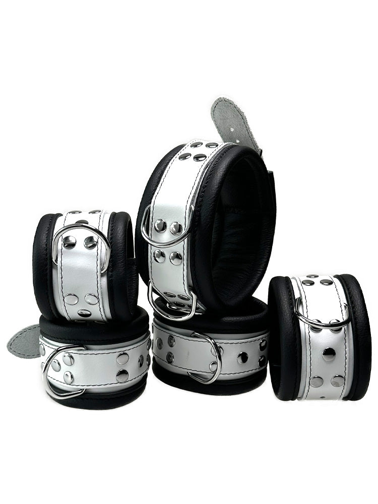 Leder-Bondageset Hals-Hand-Fussfessel - 6,5cm schwarz-weiß