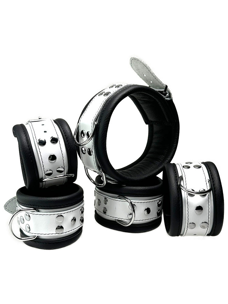 Leder-Bondageset Hals-Hand-Fussfessel - 6,5cm schwarz-weiß