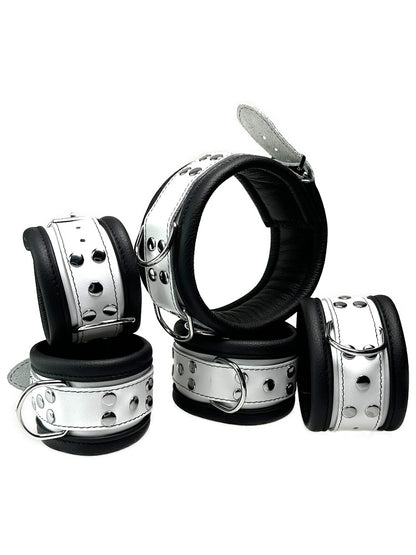 Leder-Bondageset Hals-Hand-Fussfessel - 6,5cm schwarz-weiß
