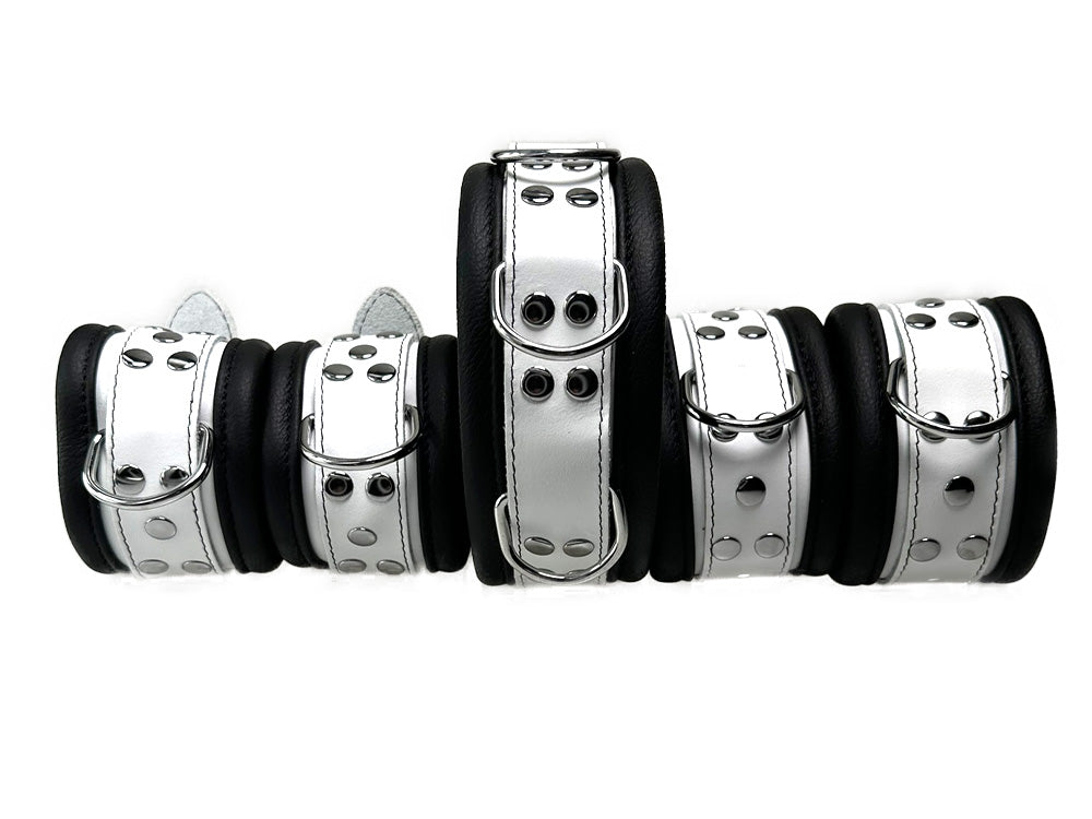 Leder-Bondageset Hals-Hand-Fussfessel - 6,5cm schwarz-weiß