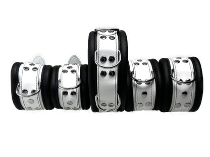 Leder-Bondageset Hals-Hand-Fussfessel - 6,5cm schwarz-weiß