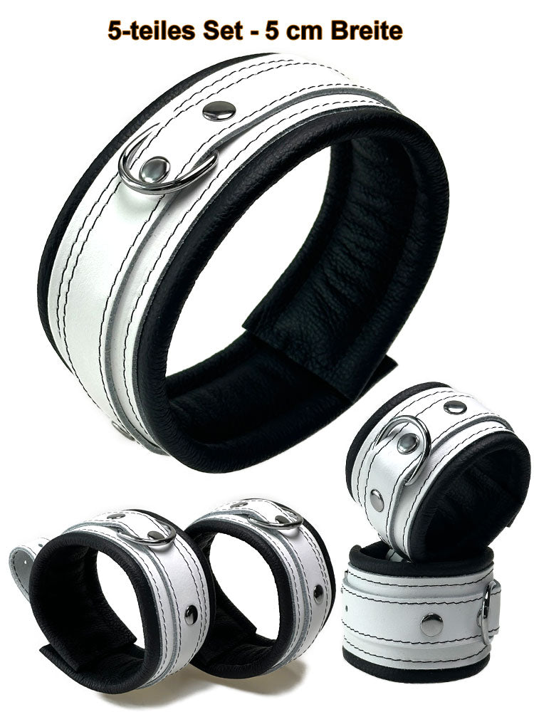 Leder-Bondageset weißer Riemen, schwarz gepolstert 5cm
