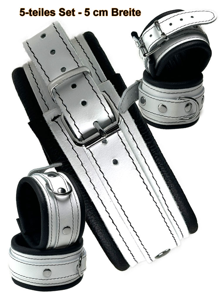 Leder-Bondageset weißer Riemen, schwarz gepolstert 5cm