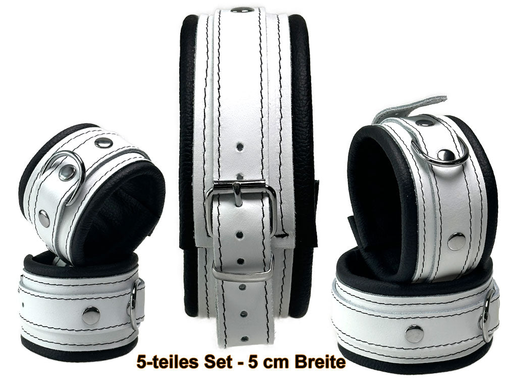 Leder-Bondageset weißer Riemen, schwarz gepolstert 5cm