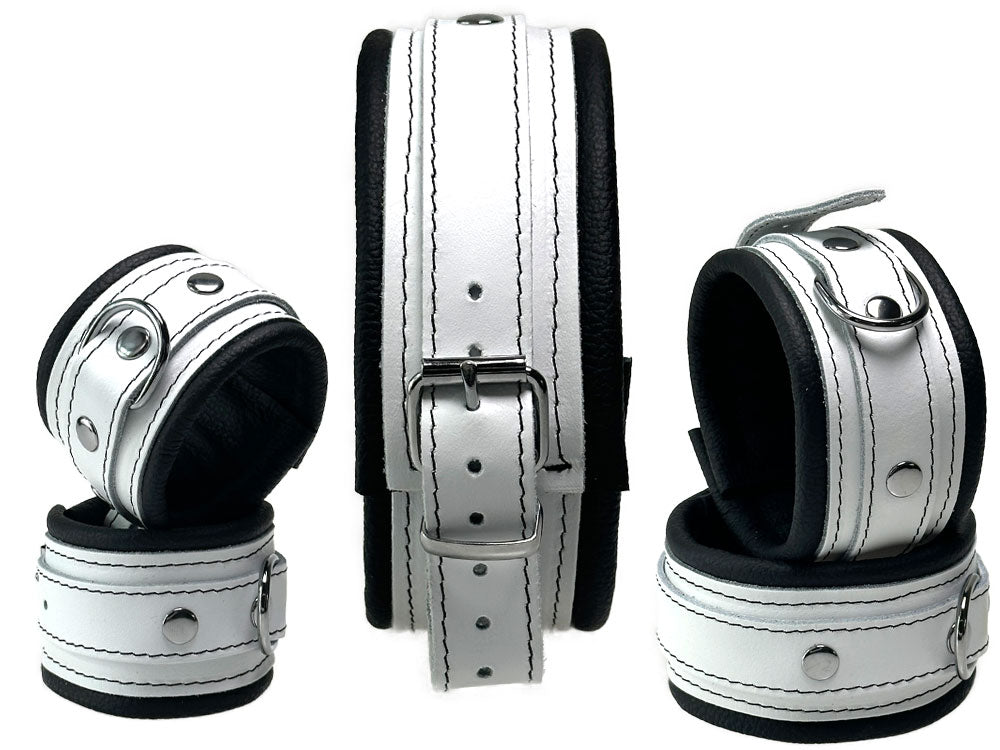 Leder-Bondageset weißer Riemen, schwarz gepolstert 5cm
