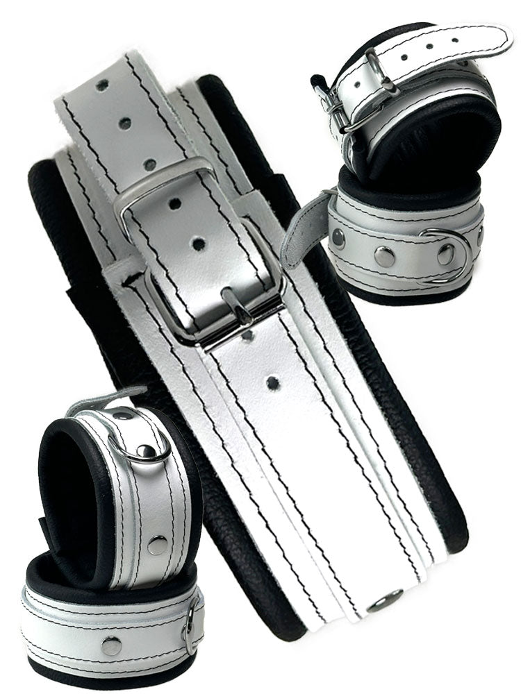 Leder-Bondageset weißer Riemen, schwarz gepolstert 5cm