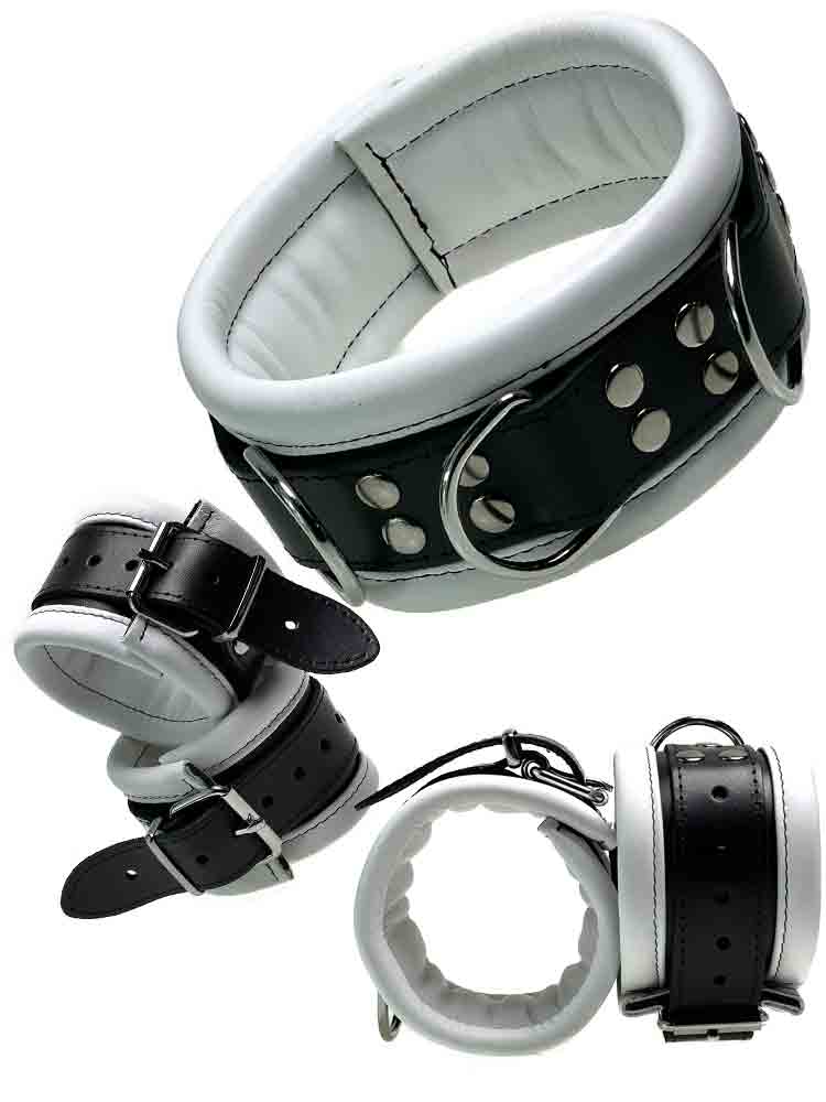 Leder-Bondageset Hals-Hand-Fussfessel - 6,5cm weiss